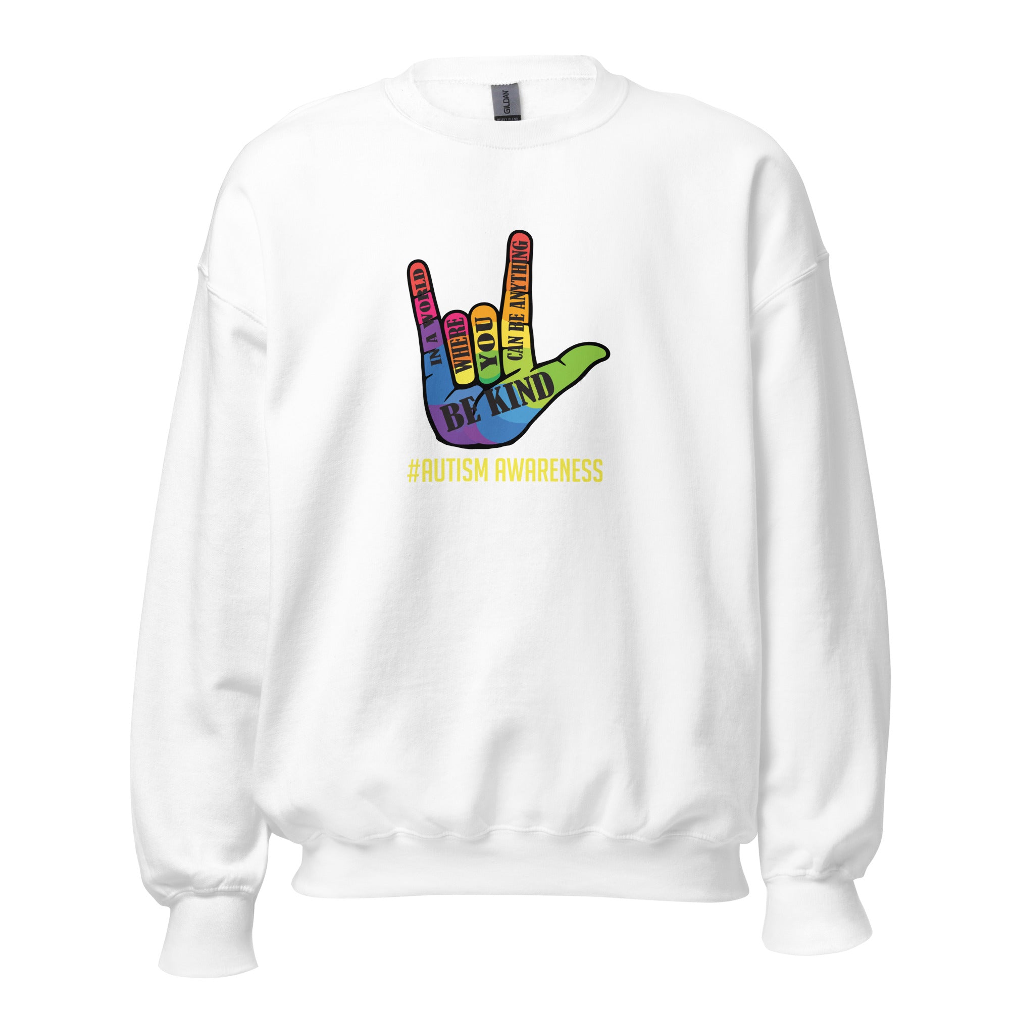 White unisex crew neck sweatshirt with long sleeves shown from the front.