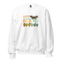 White unisex crew neck sweatshirt with long sleeves shown from the front.