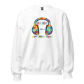 White unisex crew neck sweatshirt with long sleeves shown from the front.
