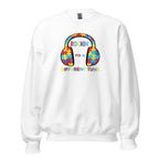 White unisex crew neck sweatshirt with long sleeves shown from the front.