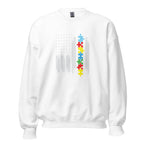White unisex crew neck sweatshirt with long sleeves shown from the front.