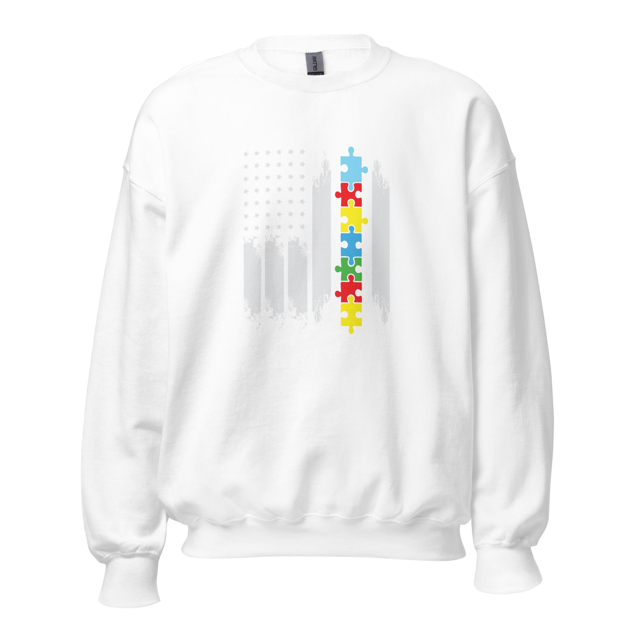 White unisex crew neck sweatshirt with long sleeves shown from the front.