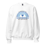 White unisex crew neck sweatshirt with long sleeves shown from the front.