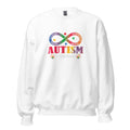 White unisex crew neck sweatshirt with long sleeves shown from the front.