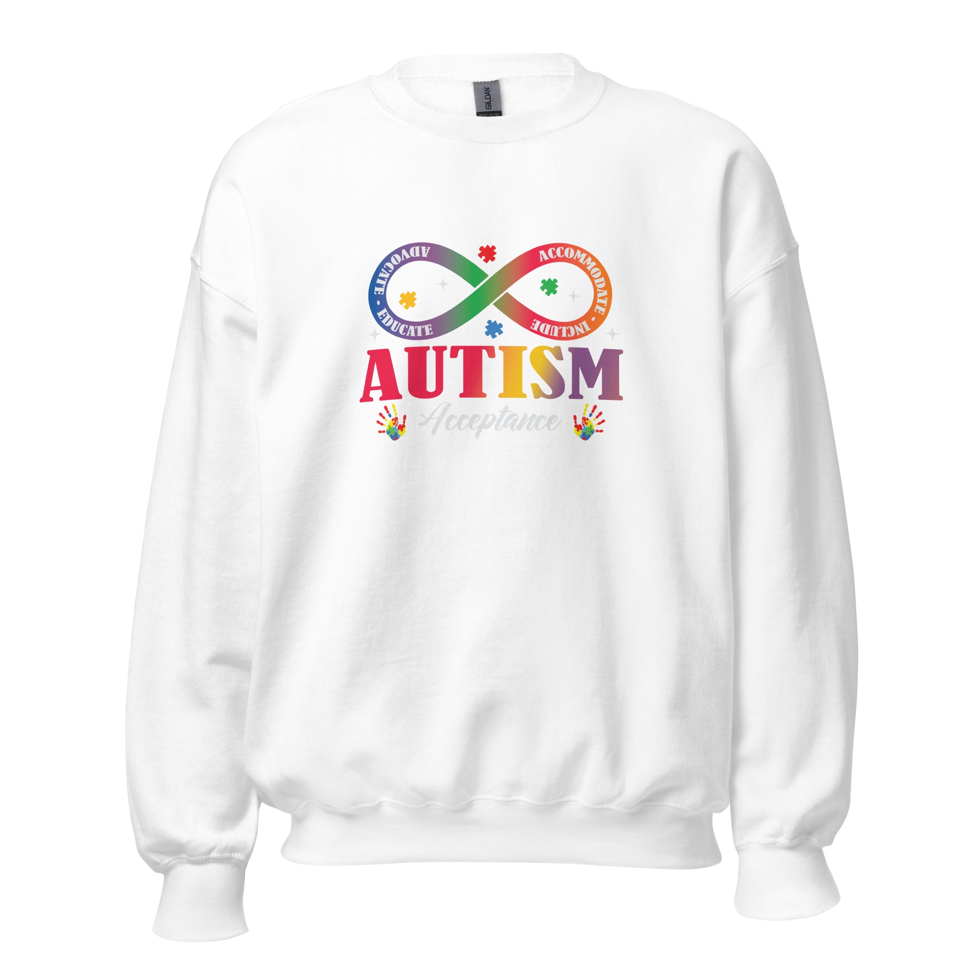 White unisex crew neck sweatshirt with long sleeves shown from the front.