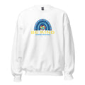 White unisex crew neck sweatshirt with long sleeves shown from the front.