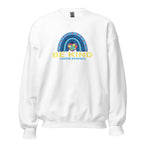 White unisex crew neck sweatshirt with long sleeves shown from the front.