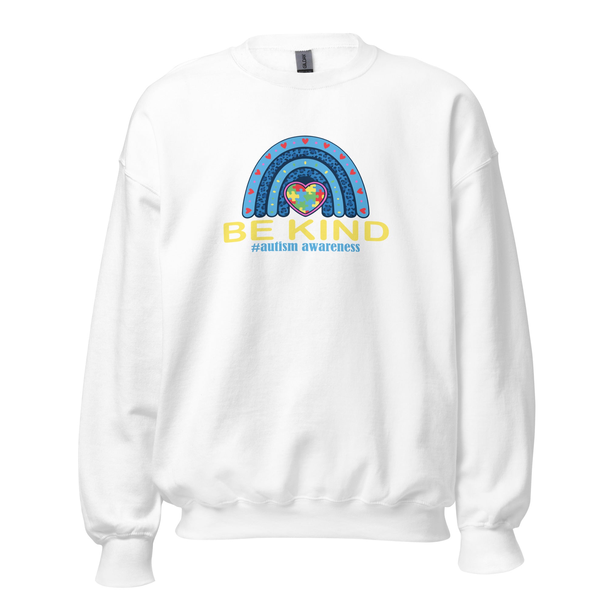 White unisex crew neck sweatshirt with long sleeves shown from the front.