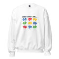 White unisex crew neck sweatshirt with long sleeves shown from the front.