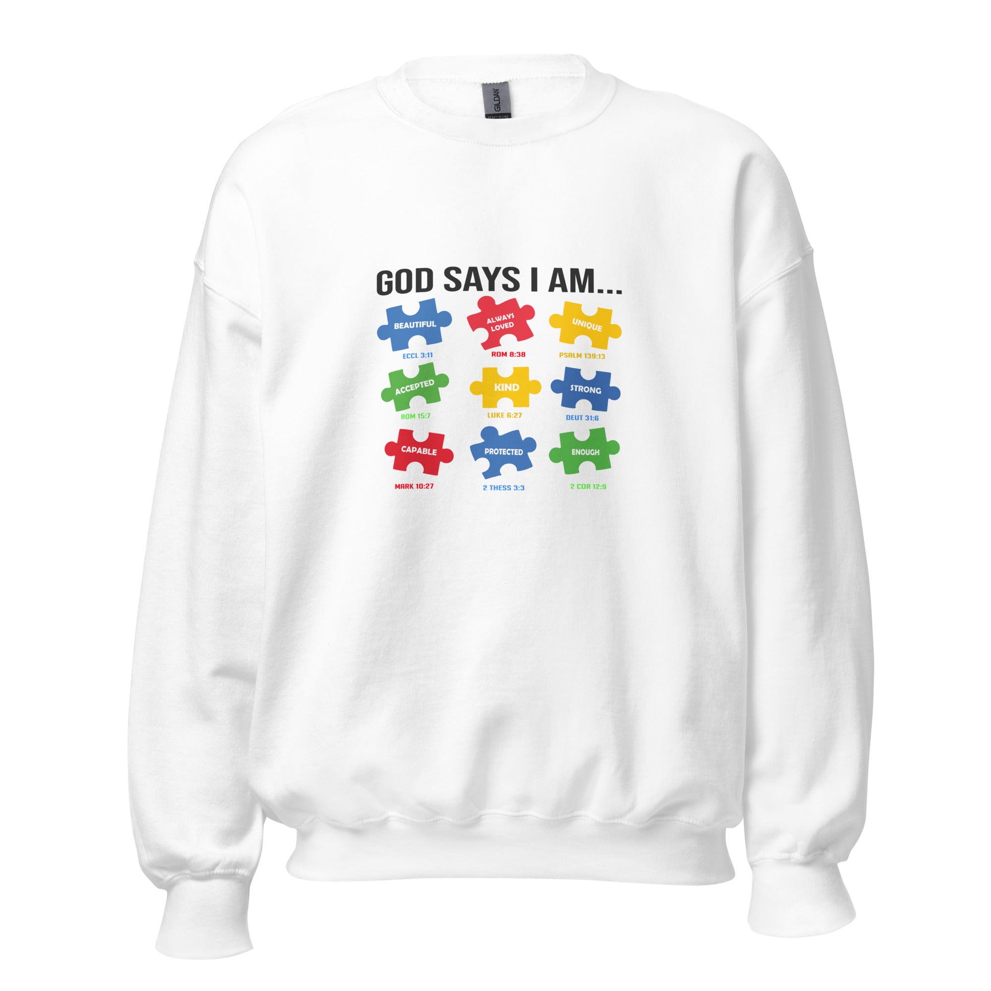 White unisex crew neck sweatshirt with long sleeves shown from the front.