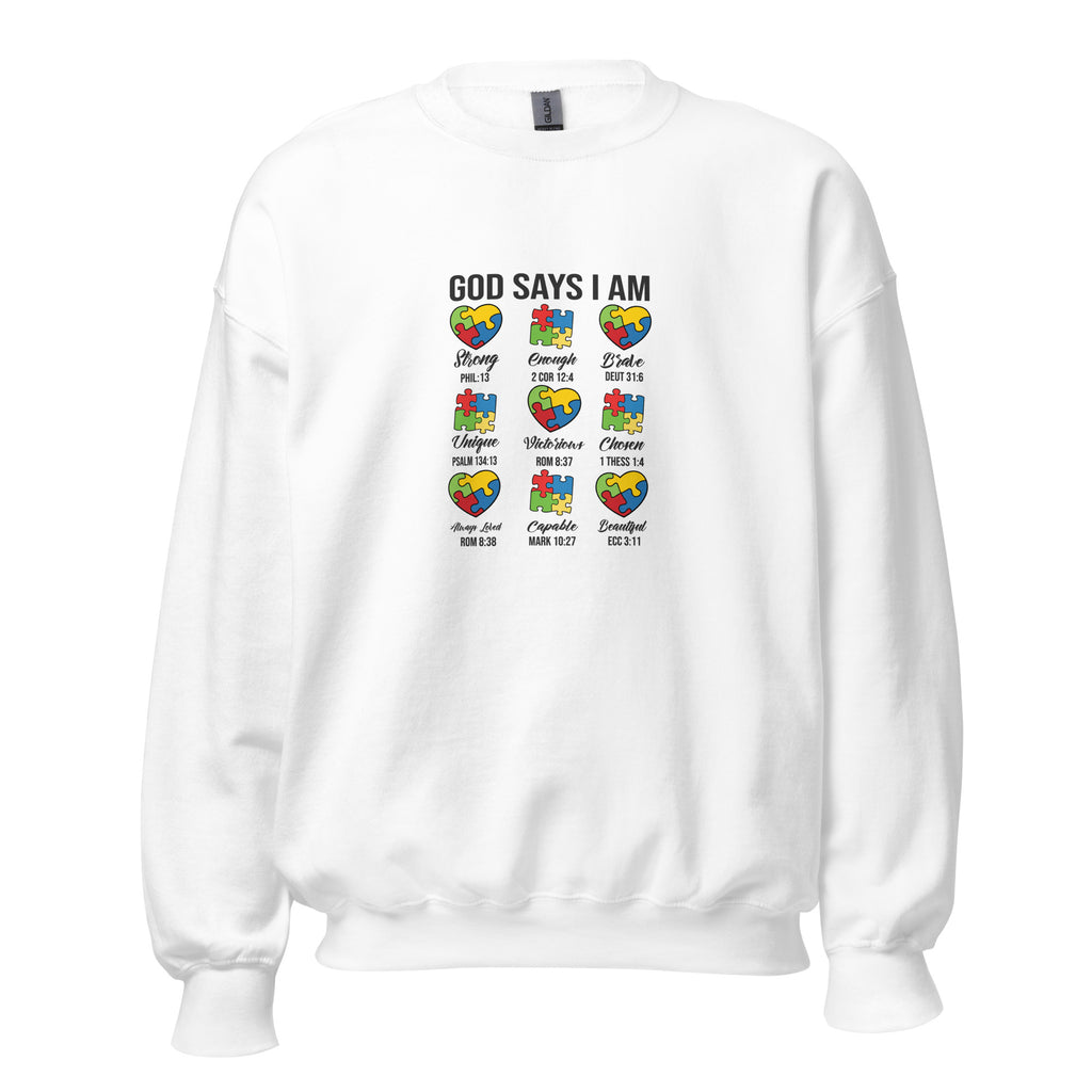 White unisex crew neck sweatshirt with long sleeves shown from the front.