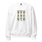 White unisex crew neck sweatshirt with long sleeves shown from the front.