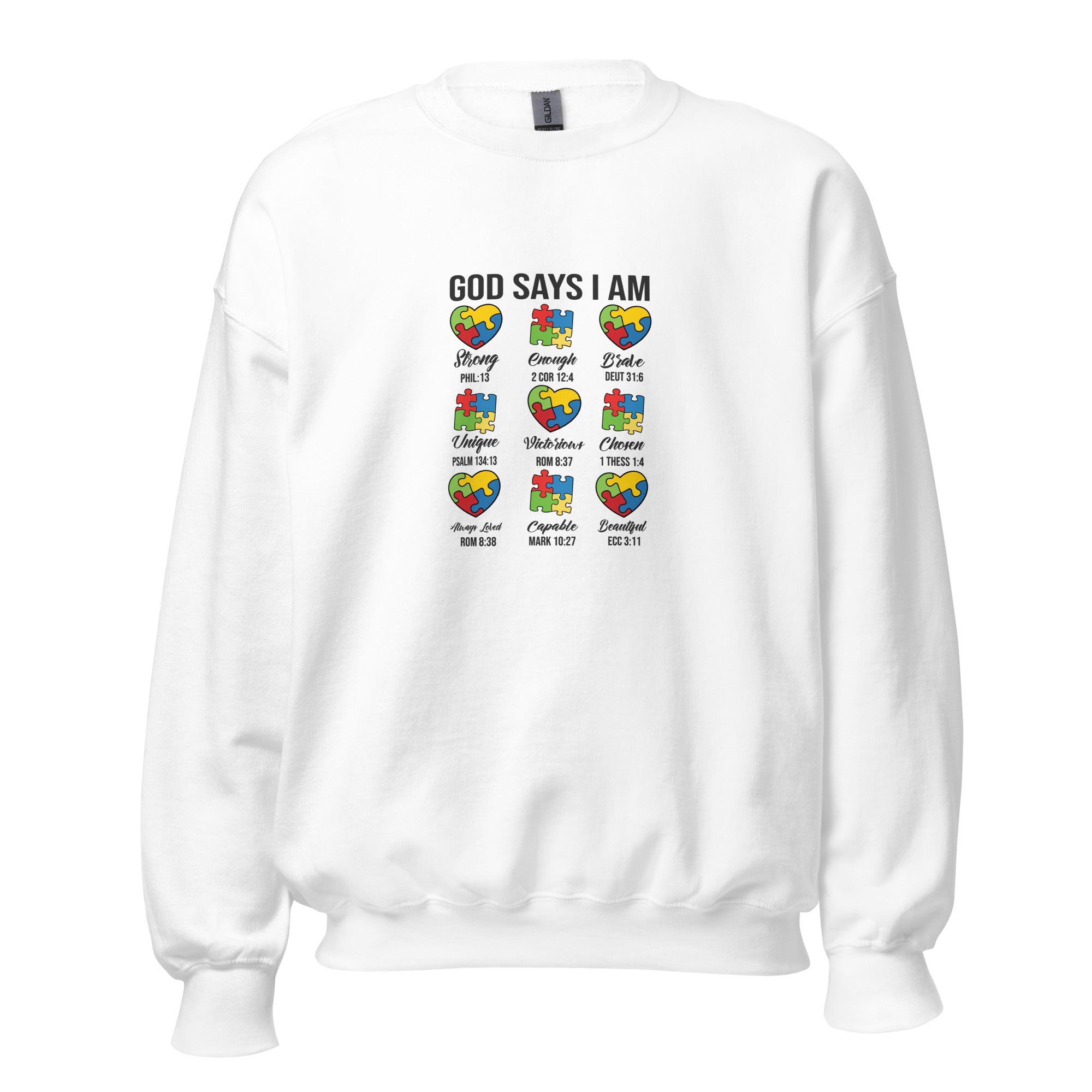 White unisex crew neck sweatshirt with long sleeves shown from the front.