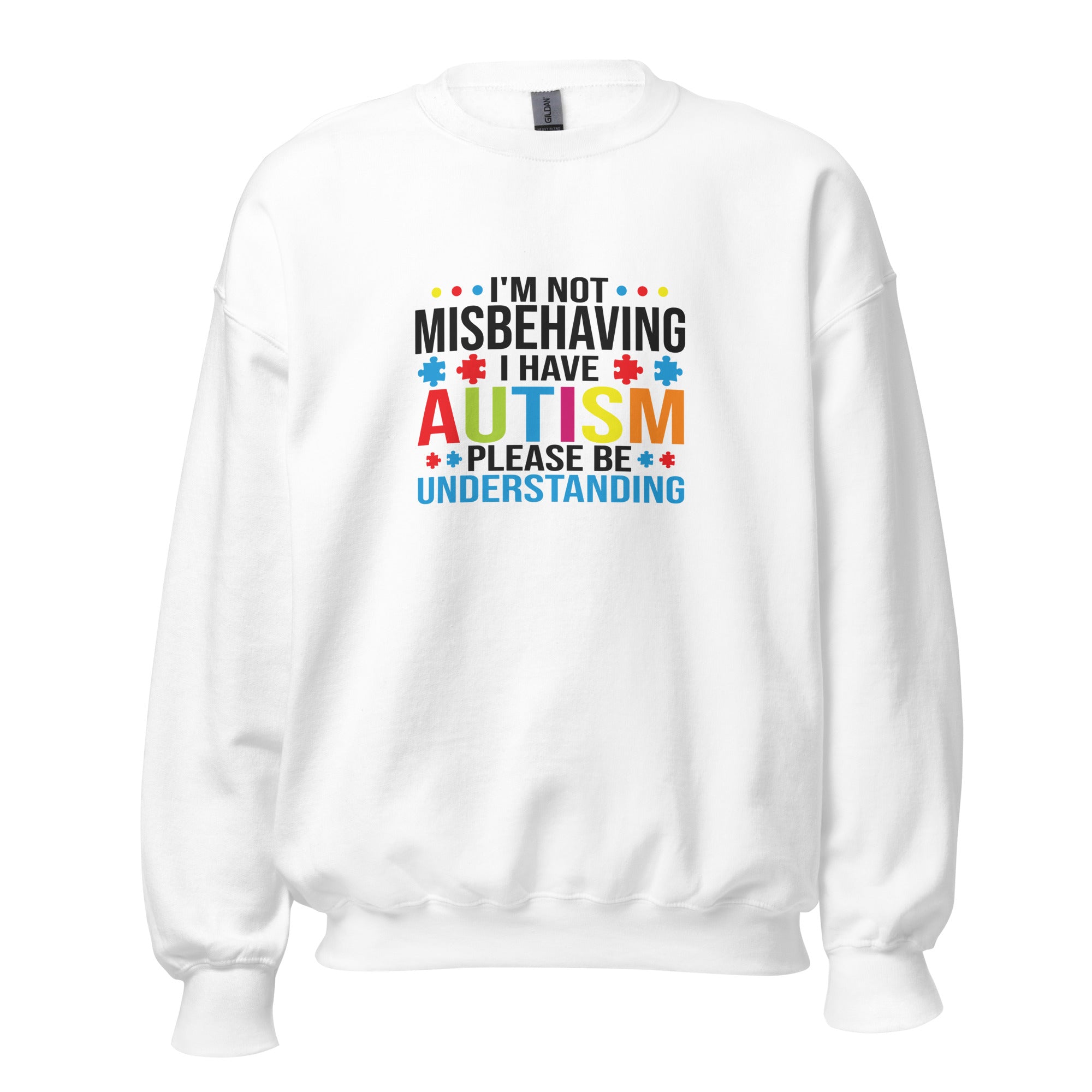 White unisex crew neck sweatshirt with long sleeves shown from the front.