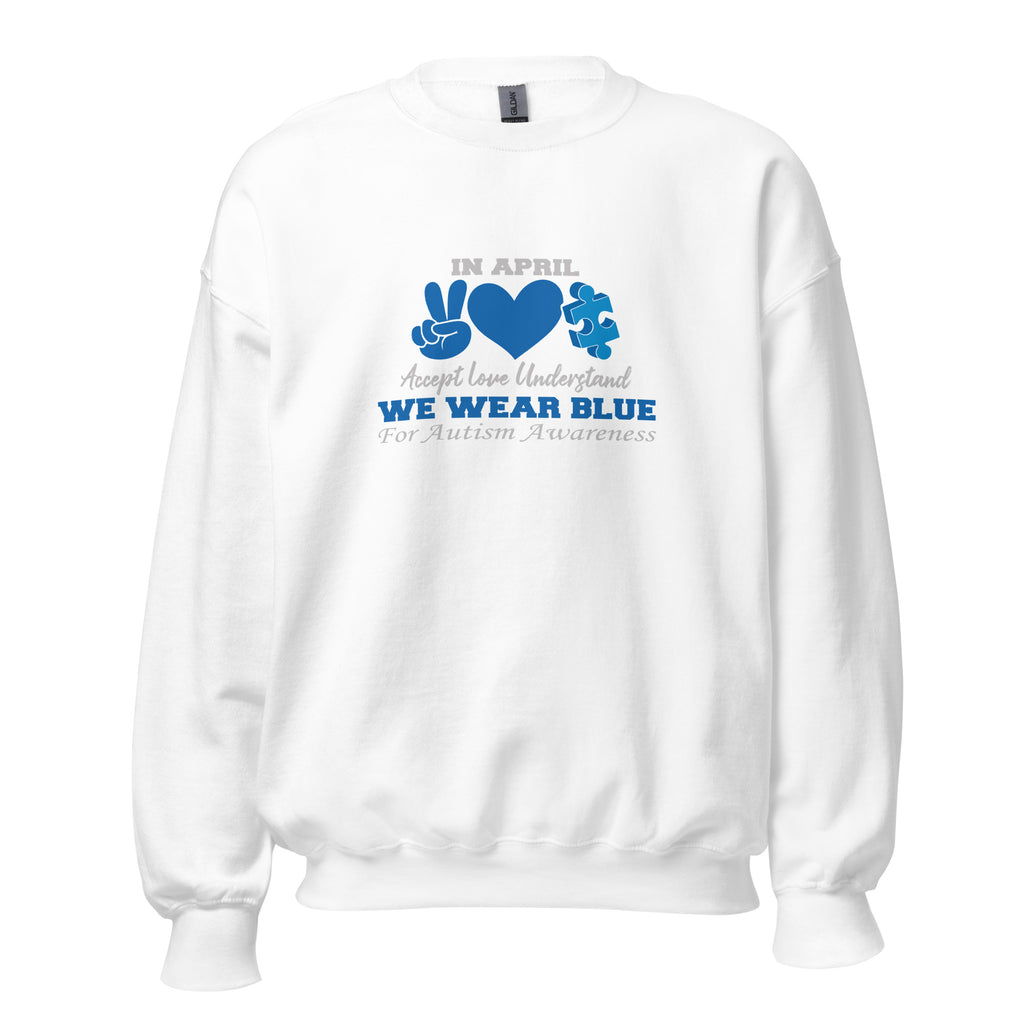 White unisex crew neck sweatshirt with long sleeves shown from the front.