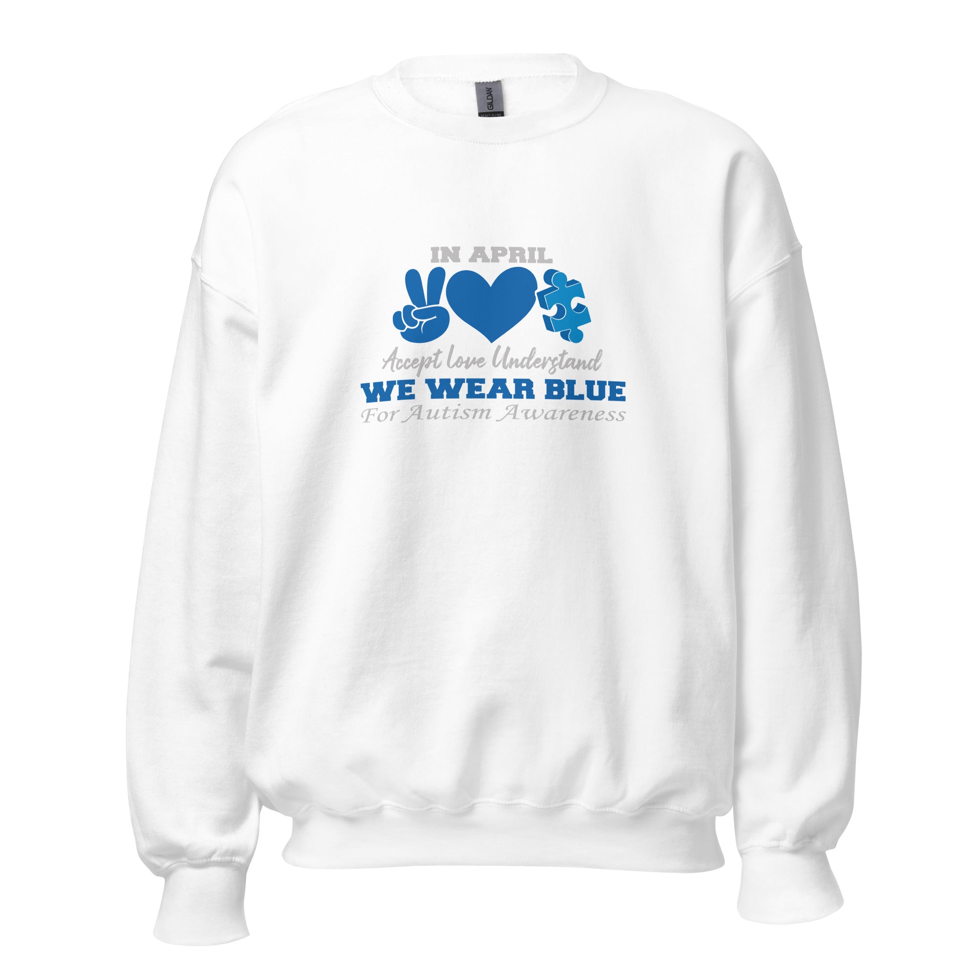 White unisex crew neck sweatshirt with long sleeves shown from the front.