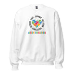 White unisex crew neck sweatshirt with long sleeves shown from the front.