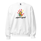 White unisex crew neck sweatshirt with long sleeves shown from the front.