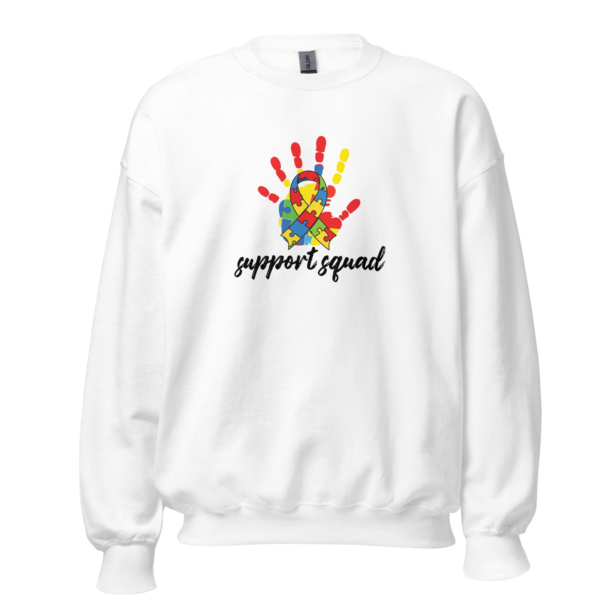 White unisex crew neck sweatshirt with long sleeves shown from the front.