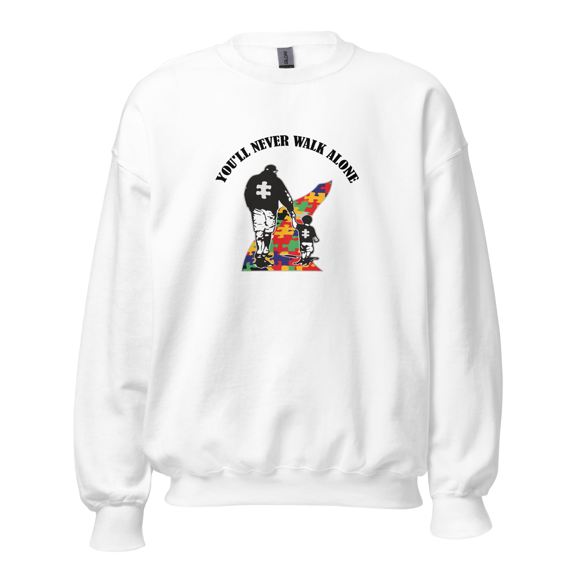 White unisex crew neck sweatshirt with long sleeves shown from the front.