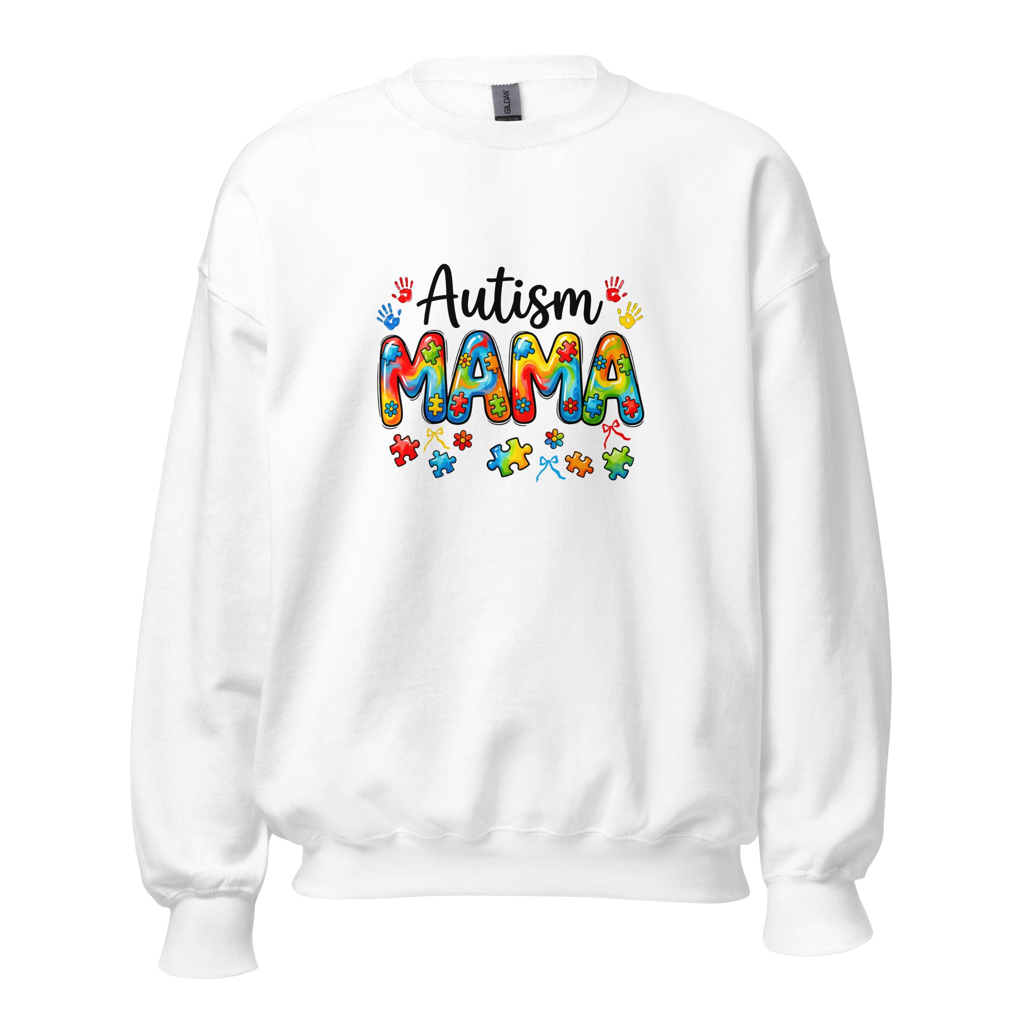 White unisex crew neck sweatshirt with long sleeves shown from the front.