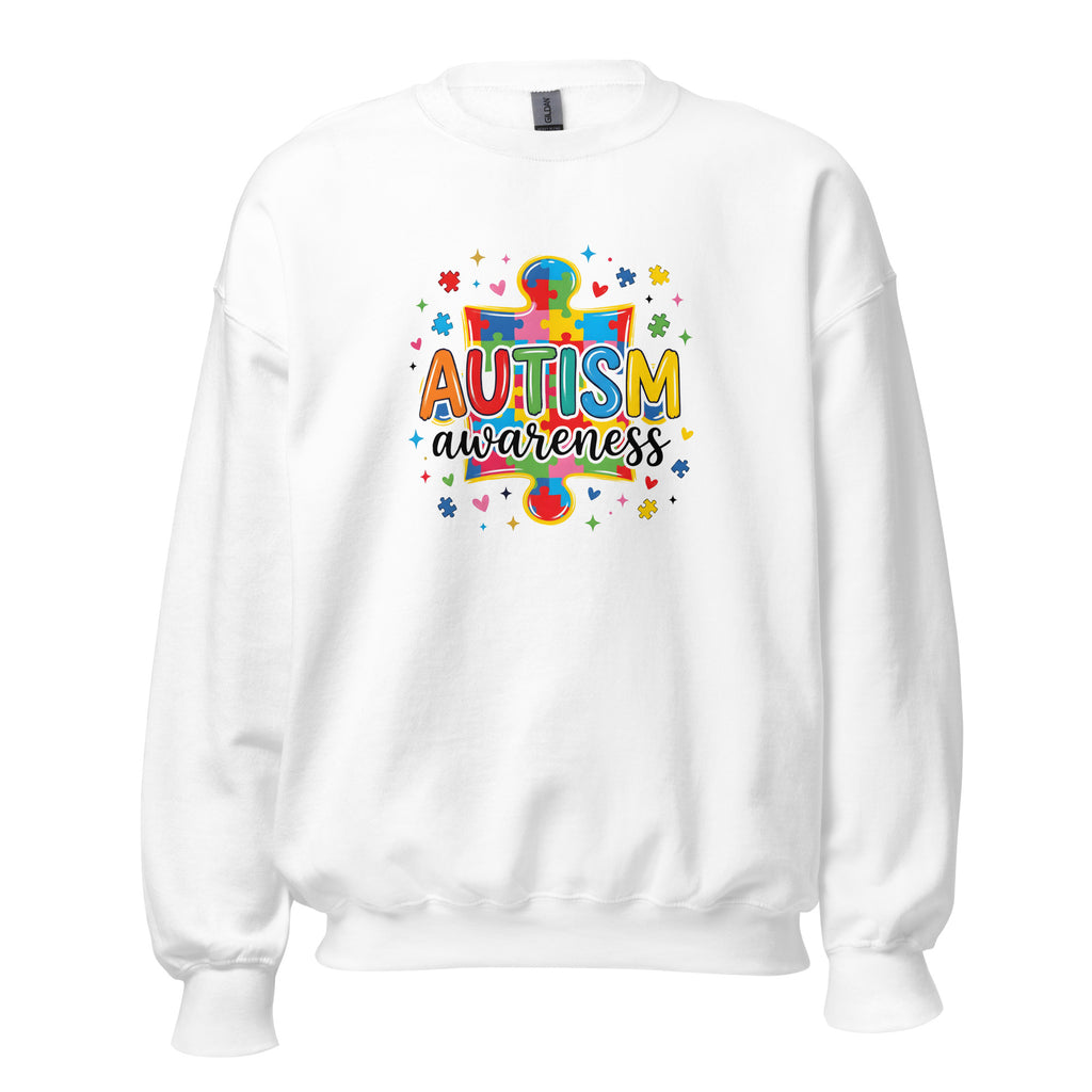 White unisex crew neck sweatshirt with long sleeves shown from the front.