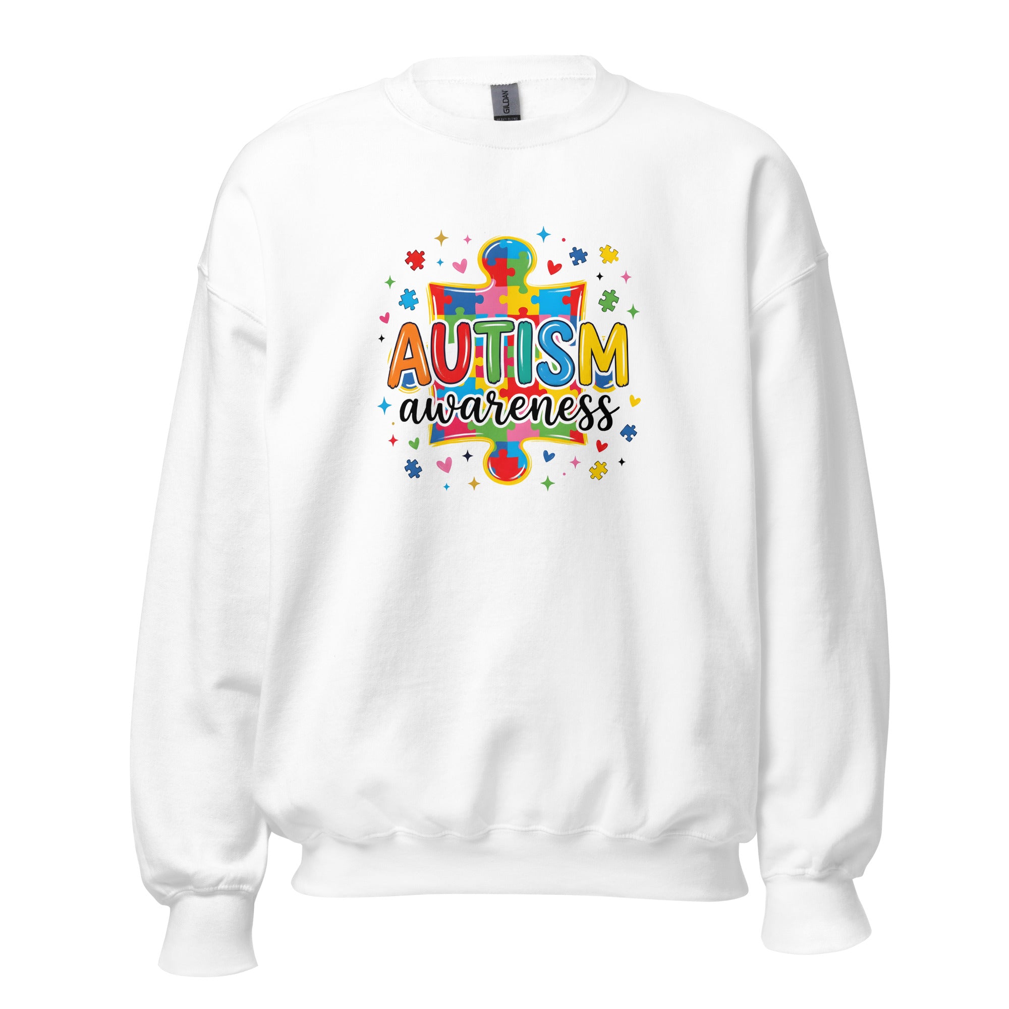 White unisex crew neck sweatshirt with long sleeves shown from the front.