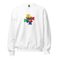 White unisex crew neck sweatshirt with long sleeves shown from the front.