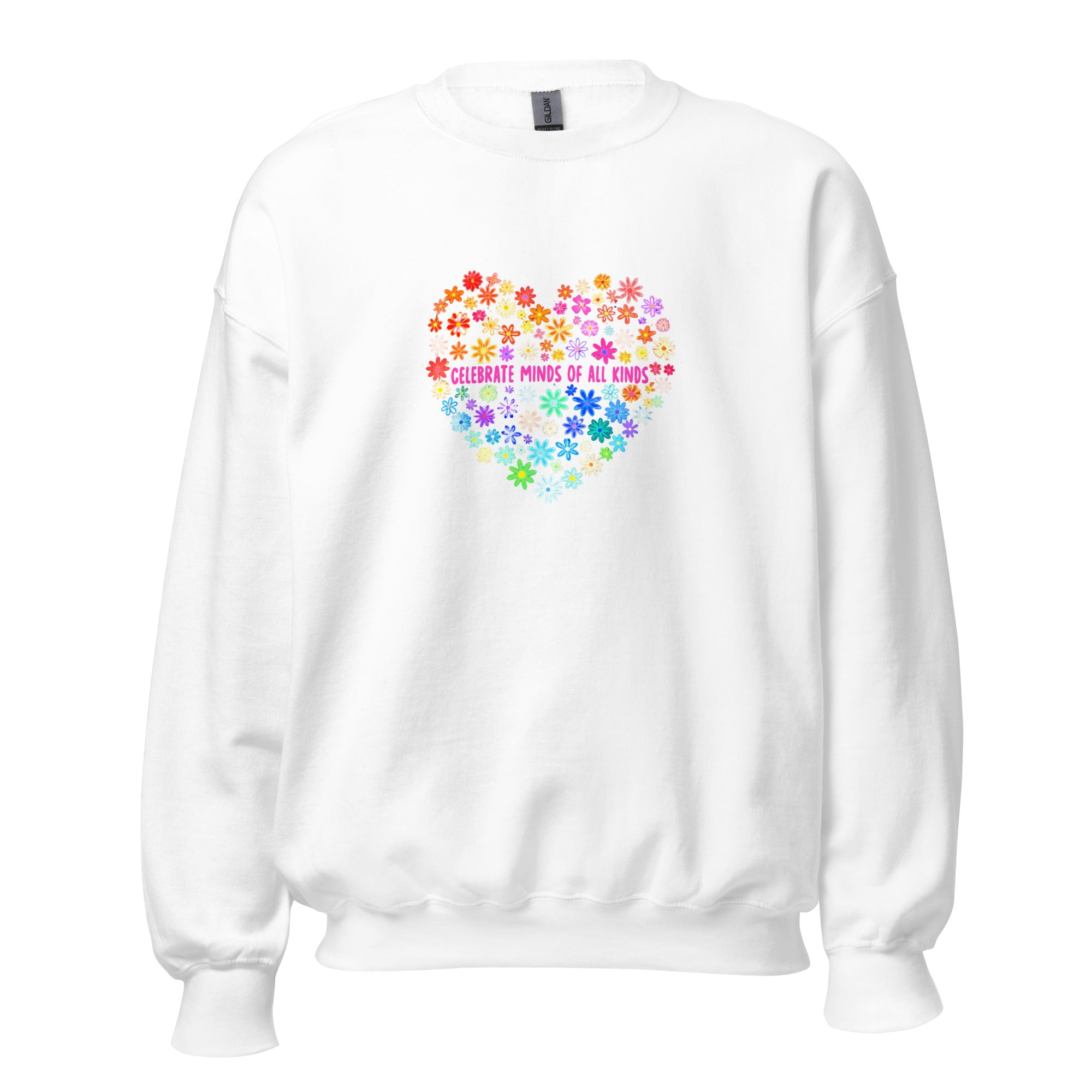 White unisex crew neck sweatshirt with long sleeves shown from the front.
