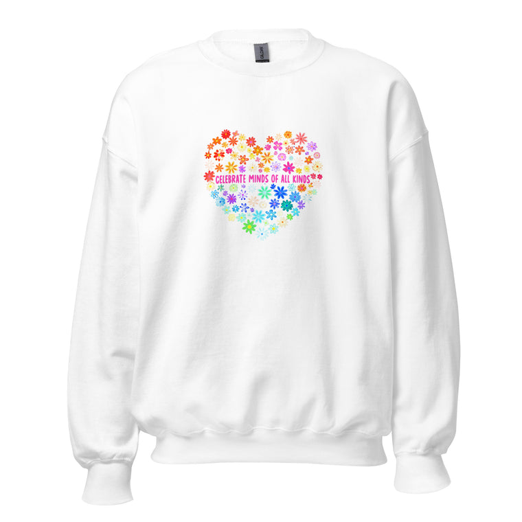 White unisex crew neck sweatshirt with long sleeves shown from the front.