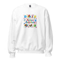 White unisex crew neck sweatshirt with long sleeves shown from the front.