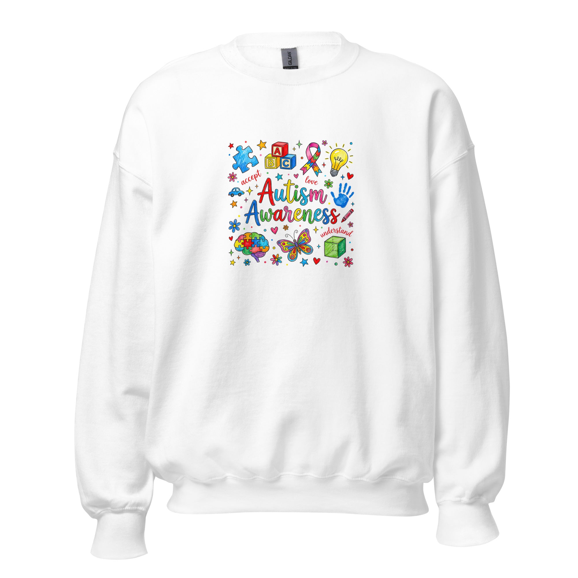 White unisex crew neck sweatshirt with long sleeves shown from the front.