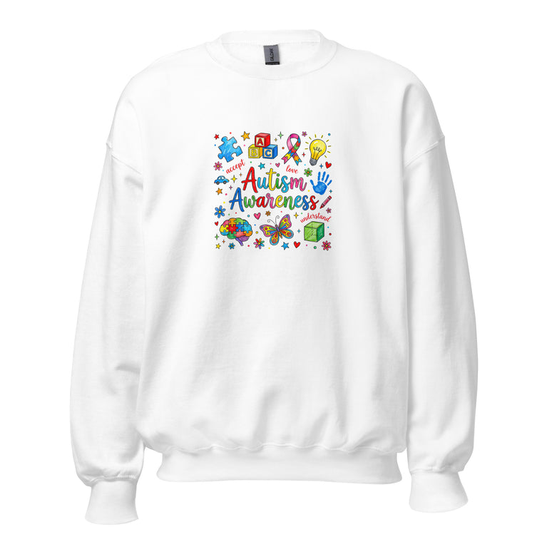 White unisex crew neck sweatshirt with long sleeves shown from the front.