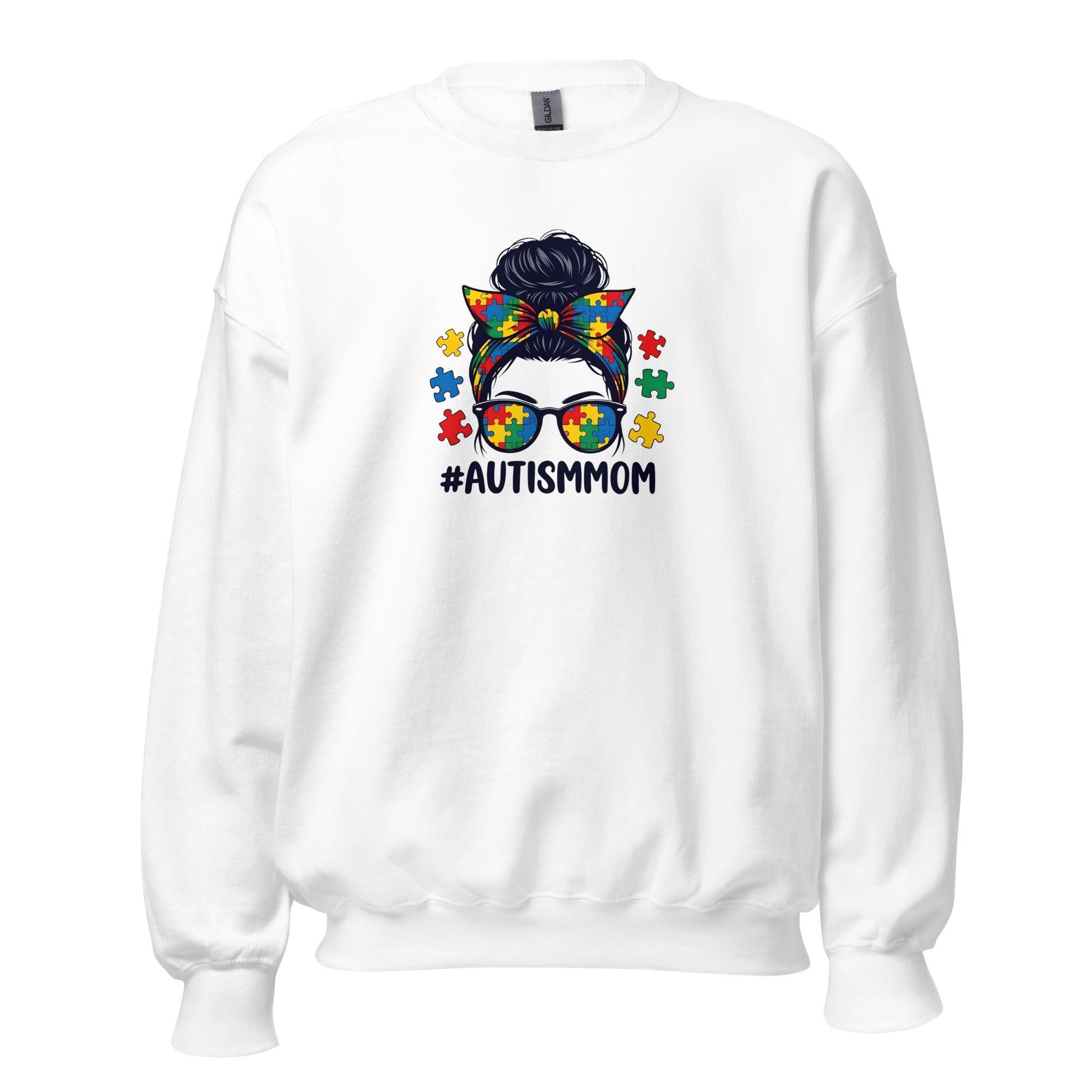 White unisex crew neck sweatshirt with long sleeves shown from the front.