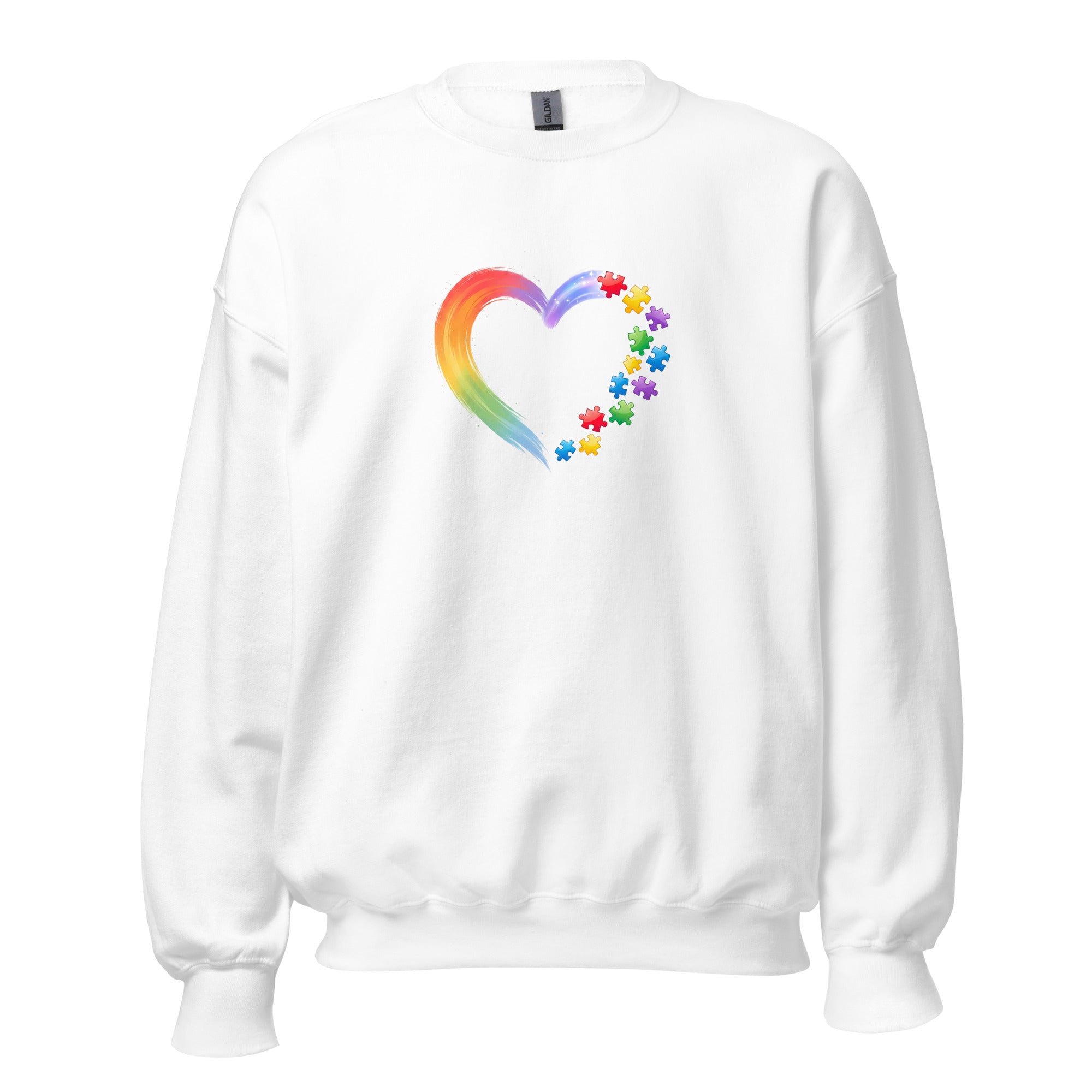 White unisex crew neck sweatshirt with long sleeves shown from the front.