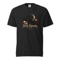 Front view of a black T-shirt featuring a black cat, skull, crescent moon, roses, lantern, and ornate “Stay Spooky” lettering.