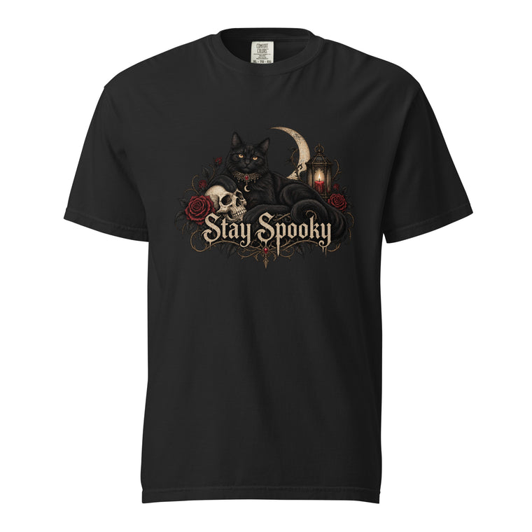 Front view of a black T-shirt featuring a black cat, skull, crescent moon, roses, lantern, and ornate “Stay Spooky” lettering.