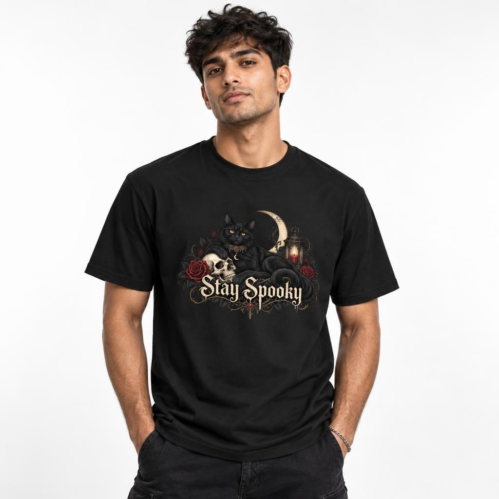 Front view of a Black T-Shirt featuring a black cat, skull, crescent moon, roses, lantern, and ornate “Stay Spooky” lettering.
