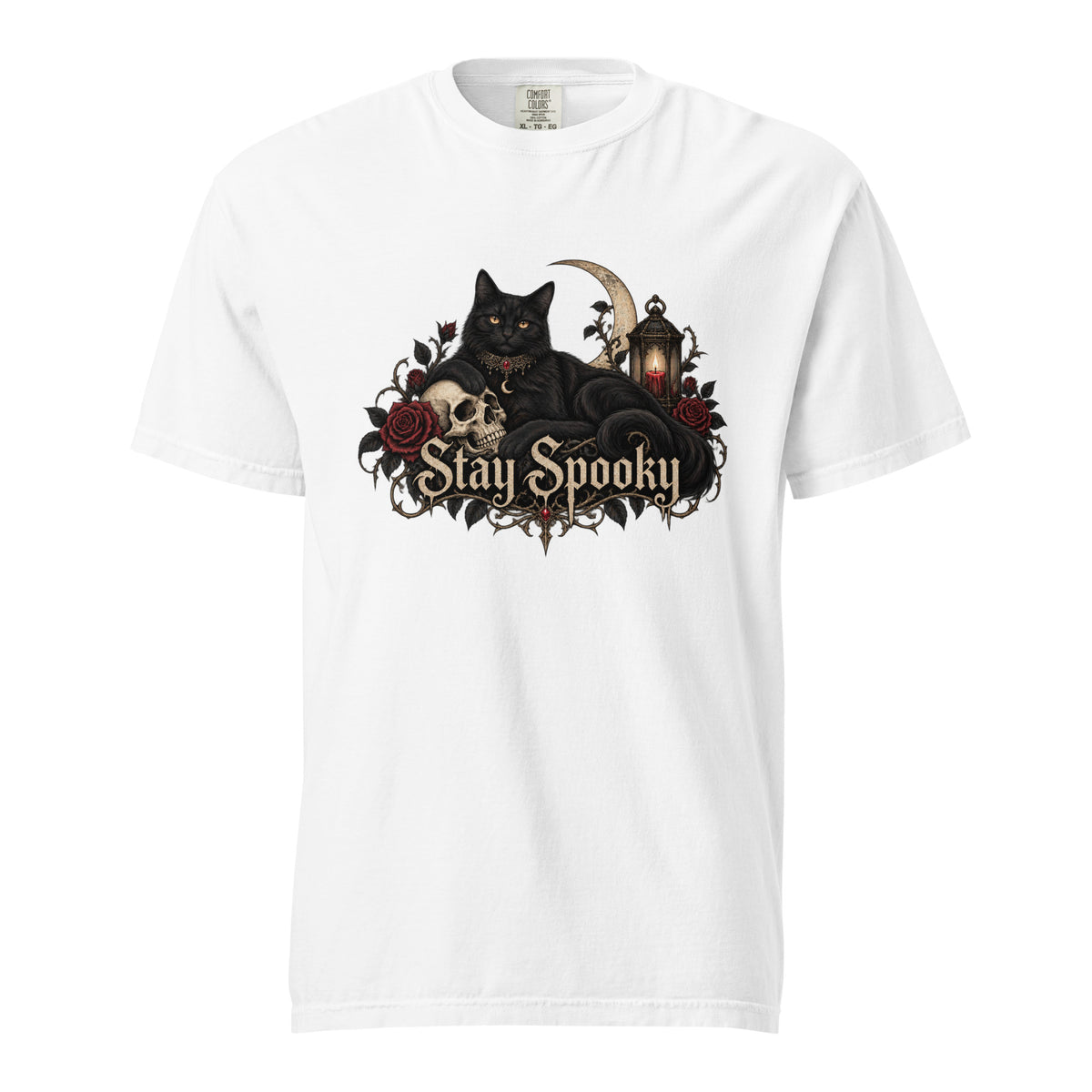 Front view of a white T-shirt with ornate Stay Spooky lettering, a black cat, skull, crescent moon, roses, and lantern.