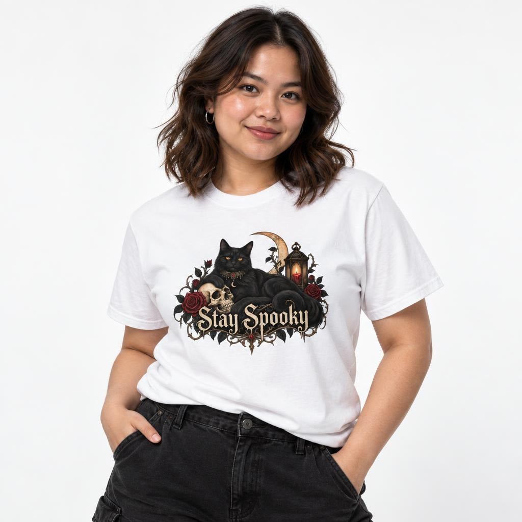 Model wearing a white T-shirt with a black cat, skull, crescent moon, roses, lantern, and ornate “Stay Spooky” artwork.