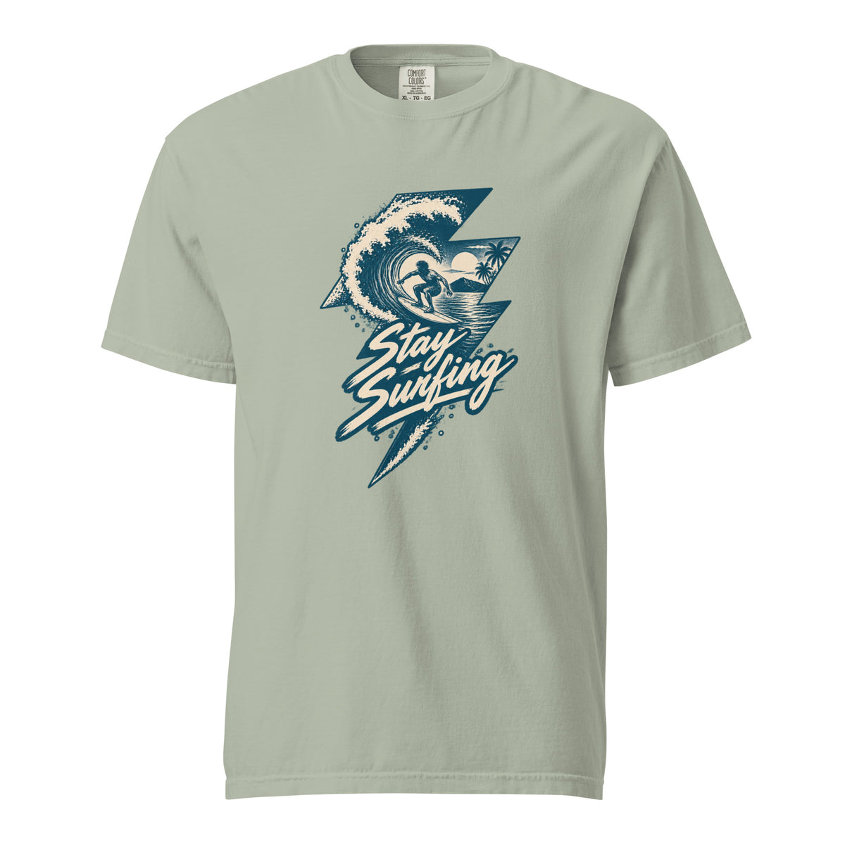 Bay T-shirt featuring a vintage hand-drawn graphic of a surfer inside a curling wave, palm trees and “Stay Surfing” lettering.