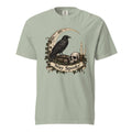 Bay T-shirt featuring a vintage gothic illustration of a raven on books, skull, crescent moon, candle and ivy, with “Stay Spooky” on a scroll