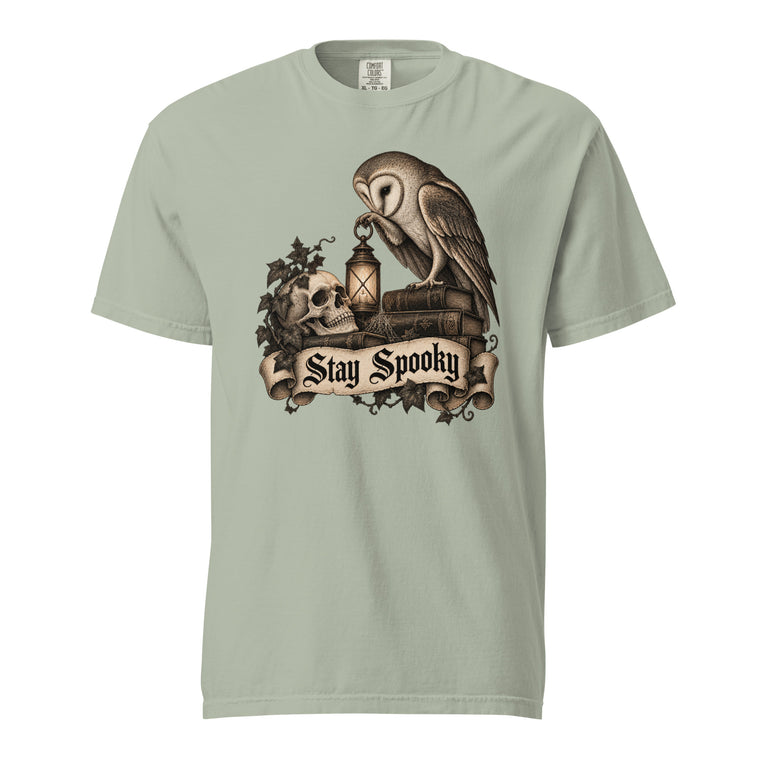 Bay T-shirt featuring a gothic owl, skull and lantern above a scroll reading “Stay Spooky”, in vintage sepia illustration