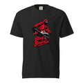 Black T-shirt with a crouching masked skateboarder on a black skateboard and bold red “Stay Boardin'” lettering