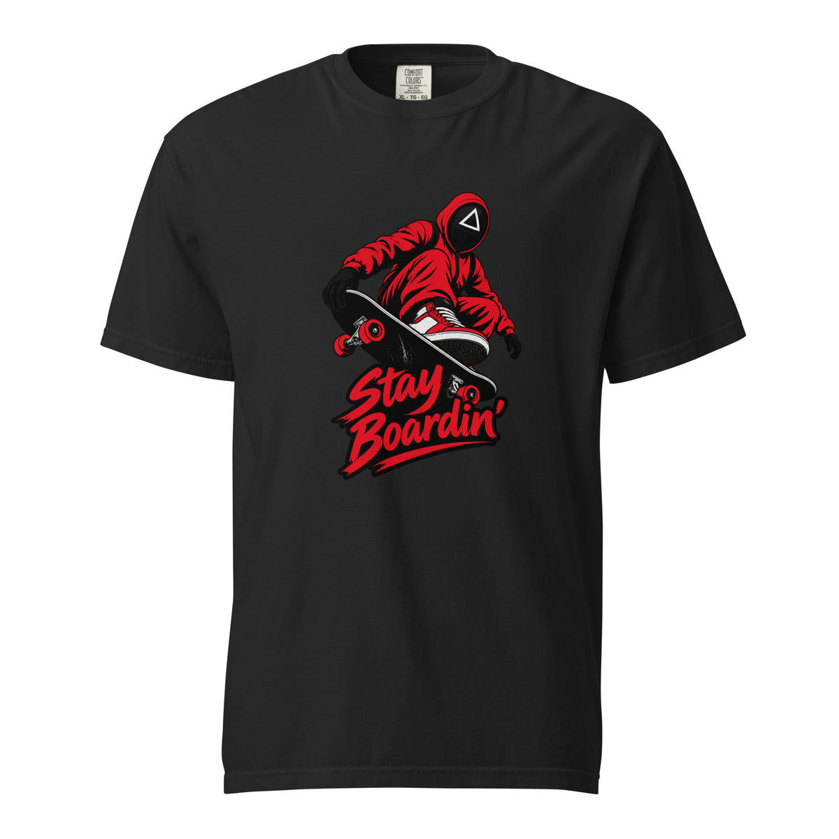 Black T-shirt with a crouching masked skateboarder on a black skateboard and bold red “Stay Boardin'” lettering