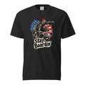 Black T-shirt featuring a distressed skeleton in a red cap riding a skateboard, with “Stay Boardin'” lettering and American flag details.