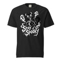 Black T-shirt featuring a mischievous cat behind a crystal ball, three floating ghosts, stars, a crescent moon and dripping “STAY SPOOKY” lettering