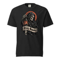Black T-shirt featuring a hooded Grim Reaper skeleton holding a lantern, red moon, dark branches and a ‘Stay Spooky’ banner