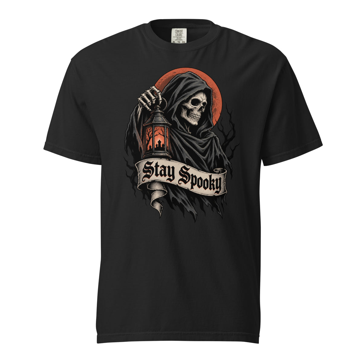 Black T-shirt featuring a hooded Grim Reaper skeleton holding a lantern, red moon, dark branches and a ‘Stay Spooky’ banner
