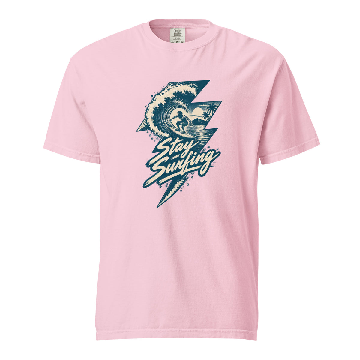 Blossom T-shirt featuring a vintage hand-drawn “Stay Surfing” graphic with a surfer riding a curling wave and palm trees